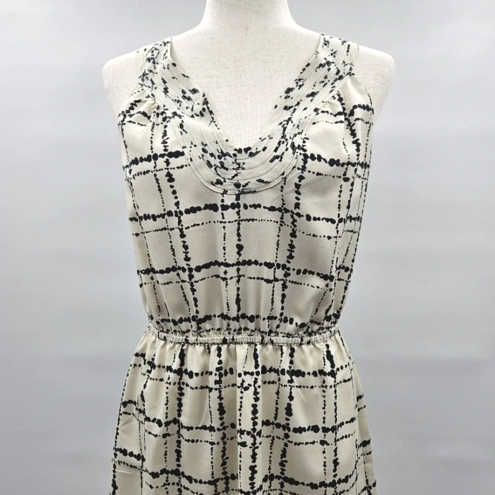 Loft Sleeveless Dress Cream & Black‎ Plaid Print Ruffle Neck Summer Casual